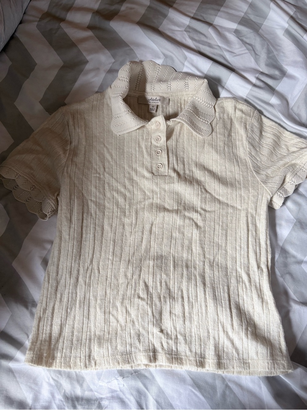 Shell/Off-White Knit Polo Top with Scallop Trim